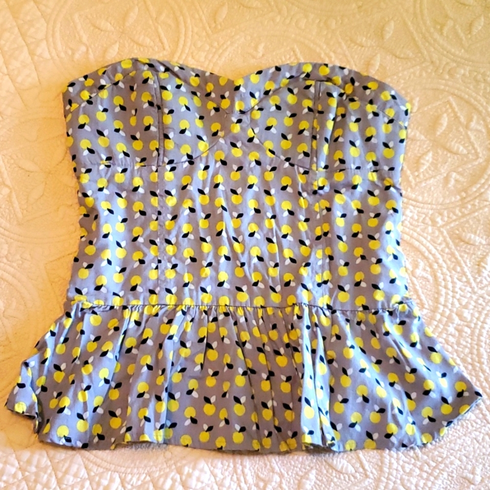 Lemon Print Strapless Peplum Bustier Style Top